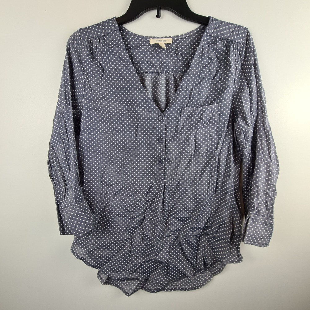 Como Blu Womens Blue Polka Dot V-Neck 3/4 Sleeve Button Blouse Top Small